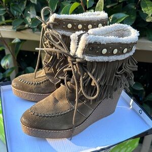 Sam Edelman Kemper Fringe Wedge Lace-up Boot Bootie SZ 9